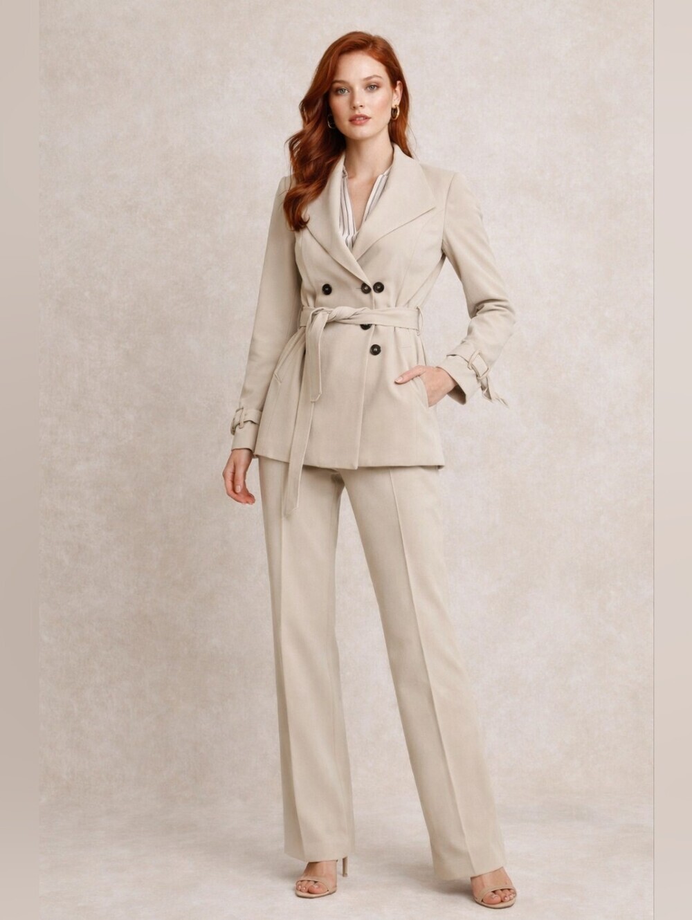 NINE WEST Classic Beige Belted Blazer & Straight Leg Pants Suit, Size 2